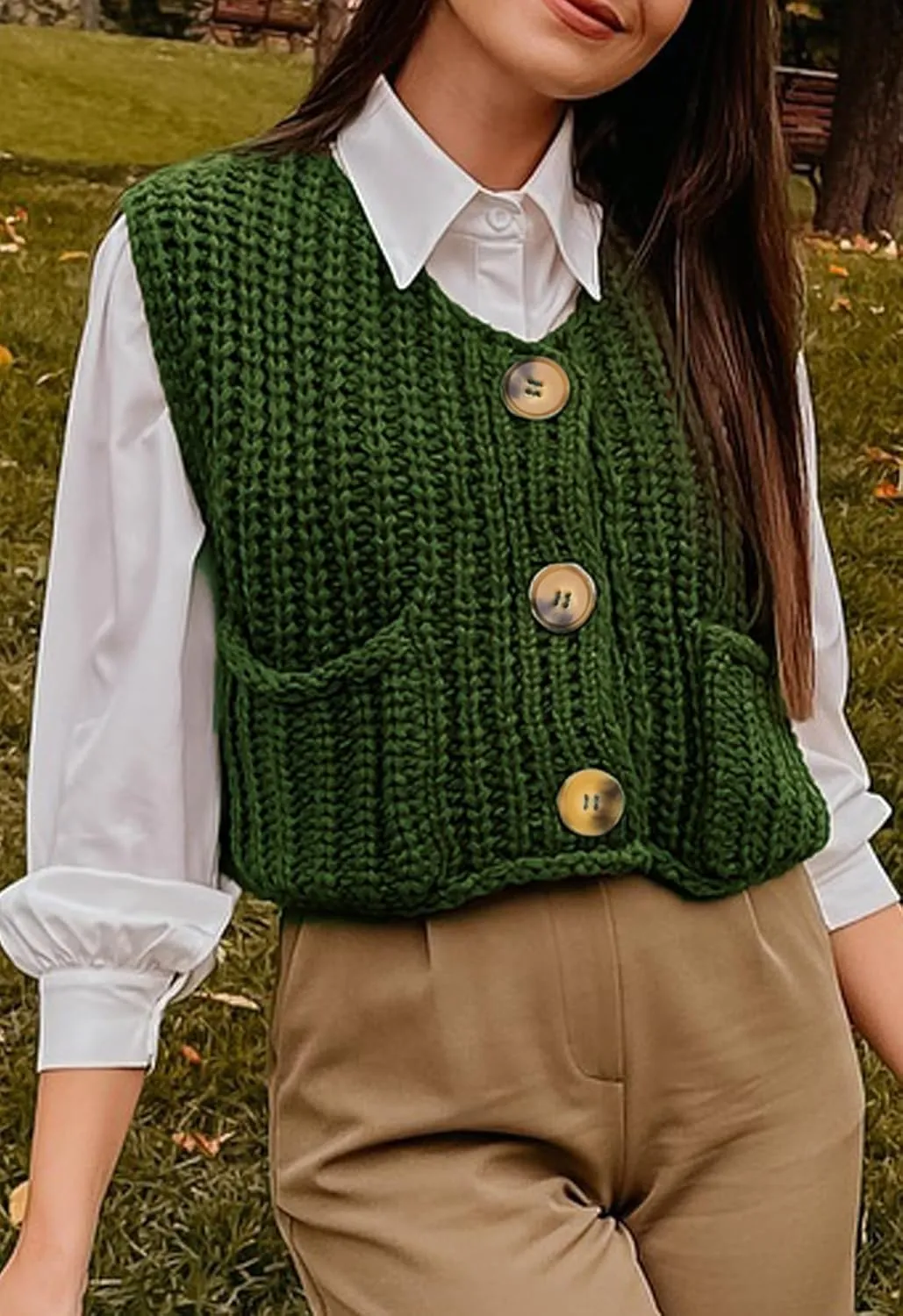 Naggoo Womens Crochet Chunky Knit Top Trendy Cardigan Sweater Vest Sleeveless Button Down Crop Tops for Women with Pockets