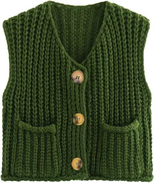 Naggoo Womens Crochet Chunky Knit Top Trendy Cardigan Sweater Vest Sleeveless Button Down Crop Tops for Women with Pockets