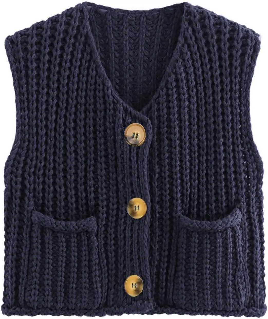 Naggoo Womens Crochet Chunky Knit Top Trendy Cardigan Sweater Vest Sleeveless Button Down Crop Tops for Women with Pockets