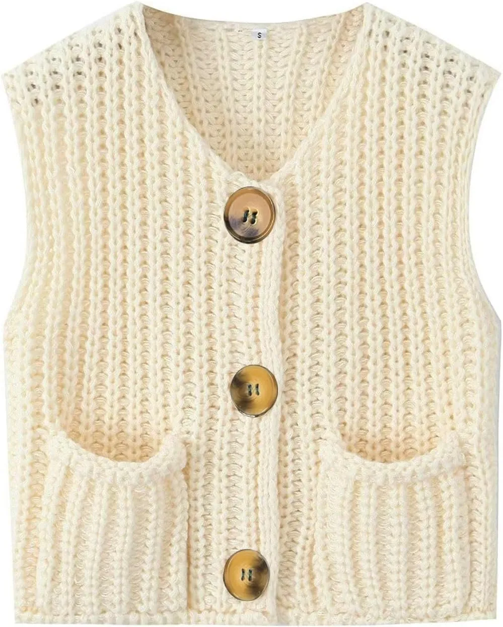 Naggoo Womens Crochet Chunky Knit Top Trendy Cardigan Sweater Vest Sleeveless Button Down Crop Tops for Women with Pockets