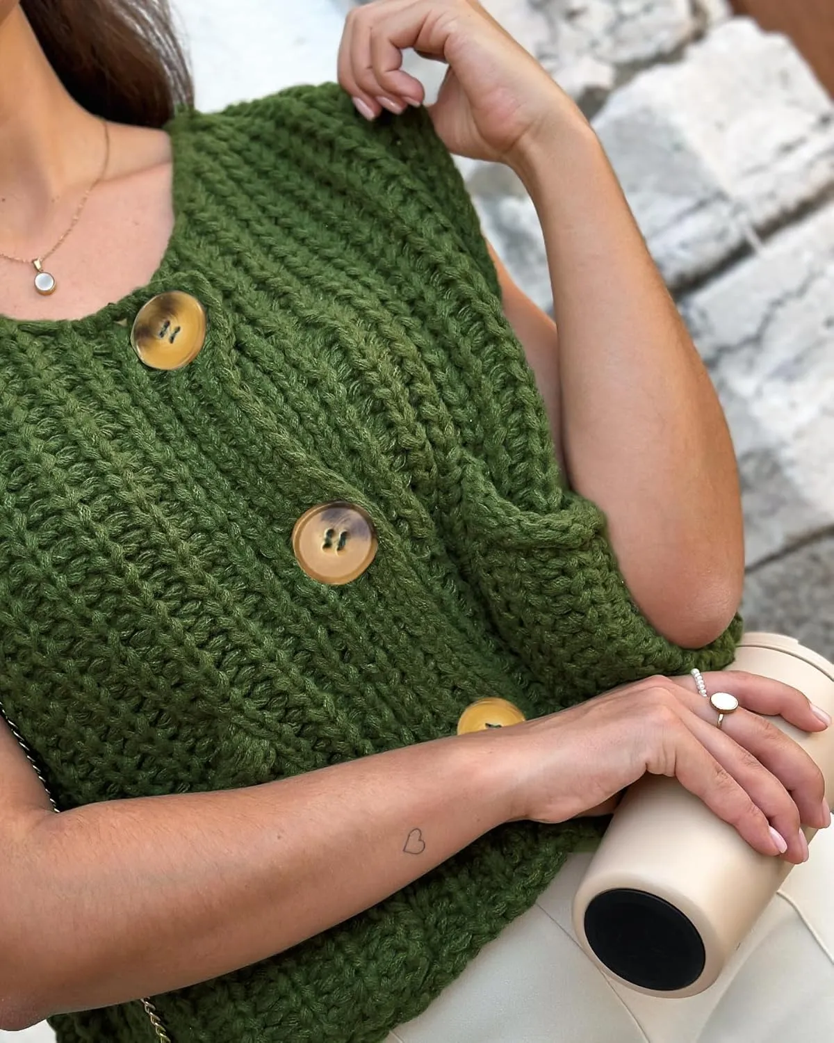 Naggoo Womens Crochet Chunky Knit Top Trendy Cardigan Sweater Vest Sleeveless Button Down Crop Tops for Women with Pockets