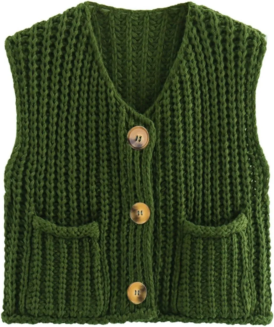 Naggoo Womens Crochet Chunky Knit Top Trendy Cardigan Sweater Vest Sleeveless Button Down Crop Tops for Women with Pockets