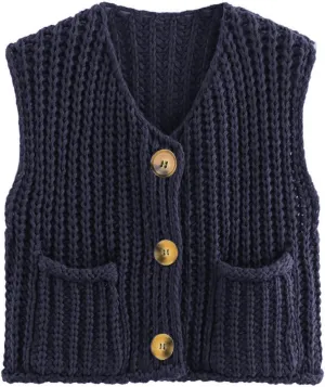 Naggoo Womens Crochet Chunky Knit Top Trendy Cardigan Sweater Vest Sleeveless Button Down Crop Tops for Women with Pockets