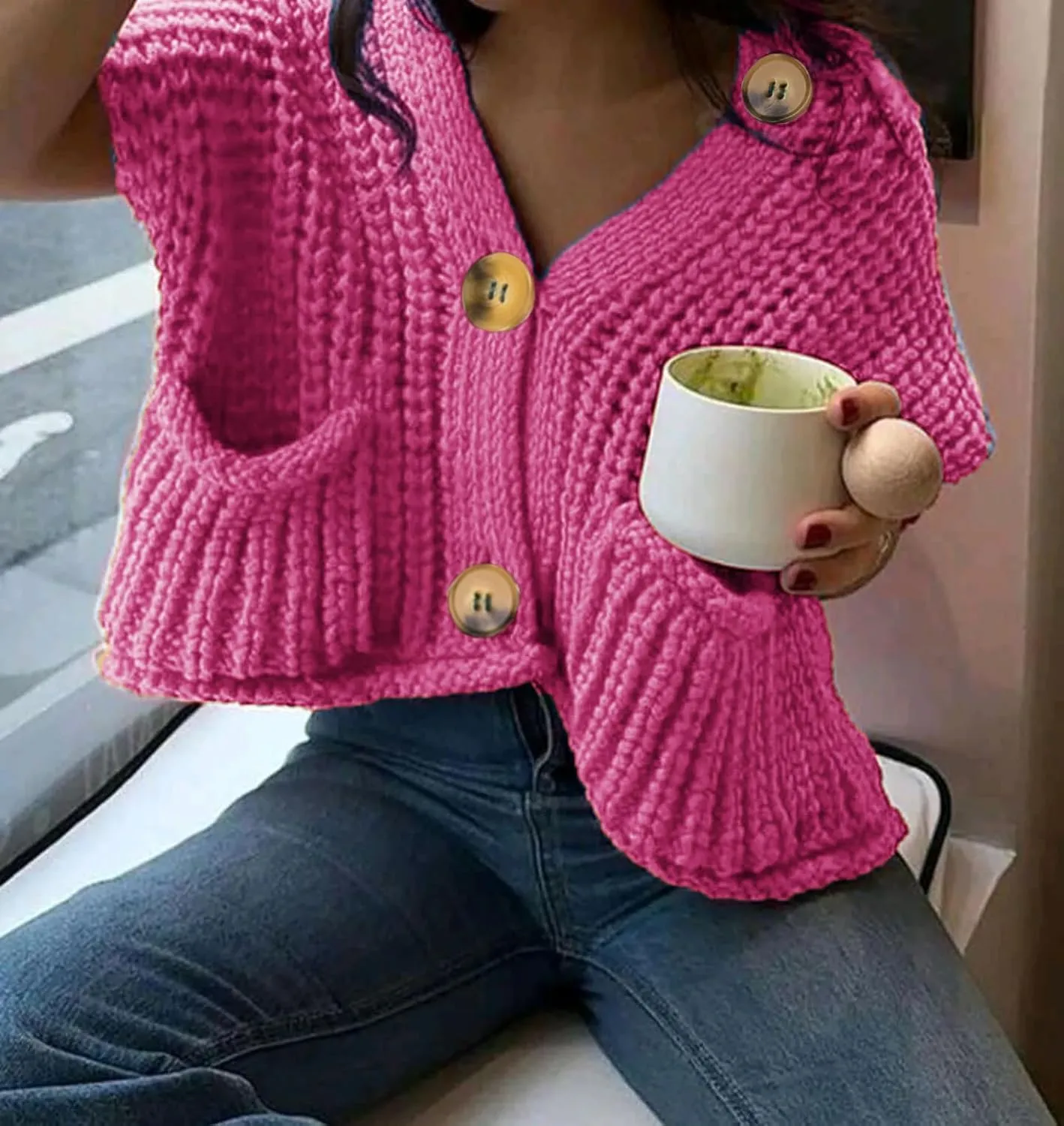 Naggoo Womens Crochet Chunky Knit Top Trendy Cardigan Sweater Vest Sleeveless Button Down Crop Tops for Women with Pockets