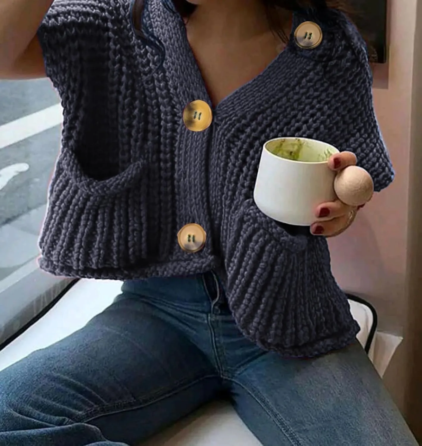Naggoo Womens Crochet Chunky Knit Top Trendy Cardigan Sweater Vest Sleeveless Button Down Crop Tops for Women with Pockets