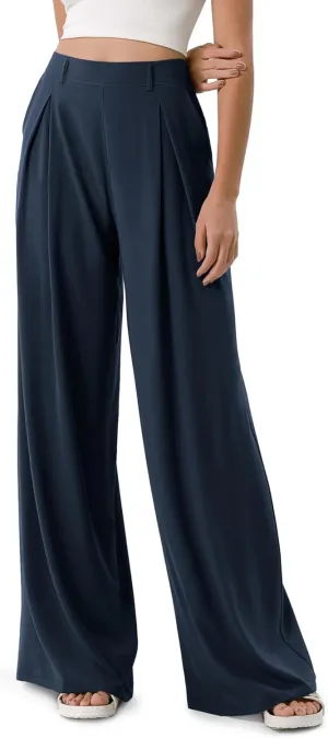 ODODOS Chiffon Flowy Pleated Wide Leg Pants for Women Lightweight High Waist Trouser with Pockets-27/29" /31" Inseam