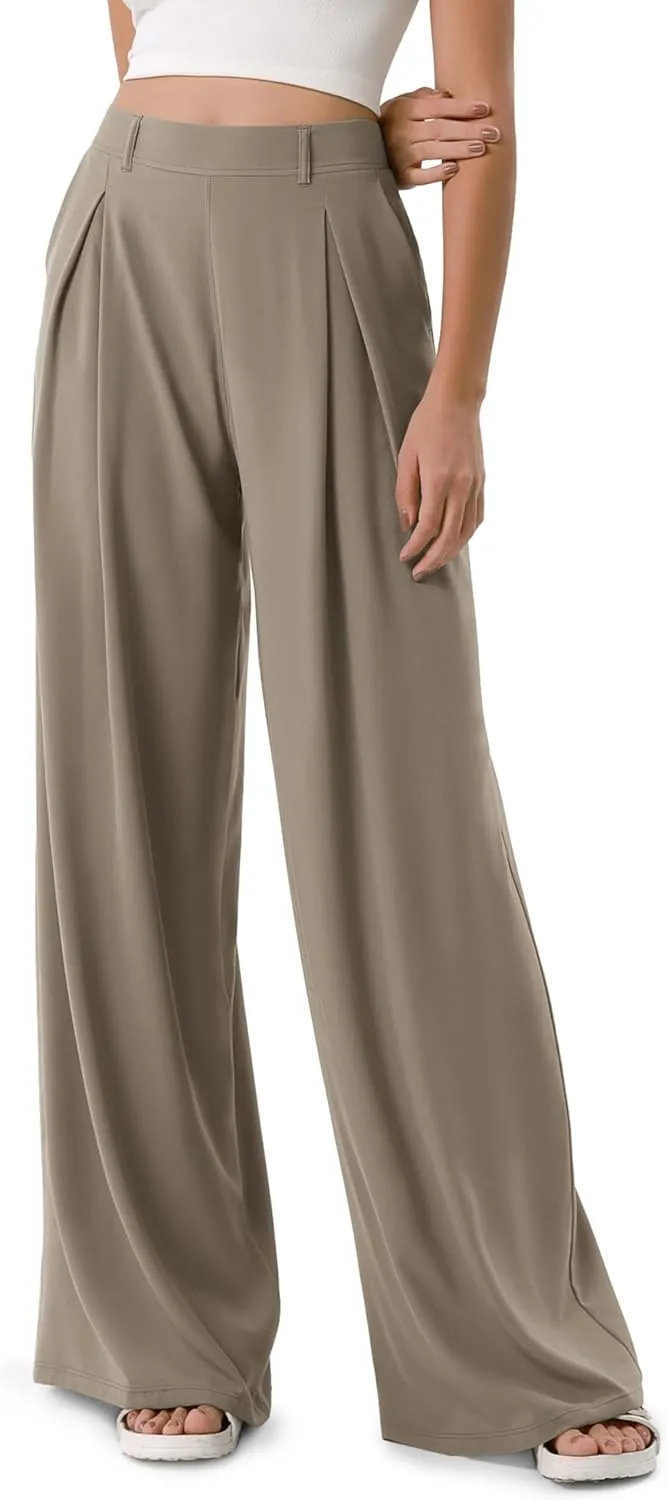 ODODOS Chiffon Flowy Pleated Wide Leg Pants for Women Lightweight High Waist Trouser with Pockets-27/29" /31" Inseam