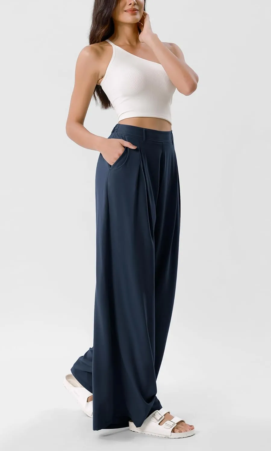 ODODOS Chiffon Flowy Pleated Wide Leg Pants for Women Lightweight High Waist Trouser with Pockets-27/29" /31" Inseam