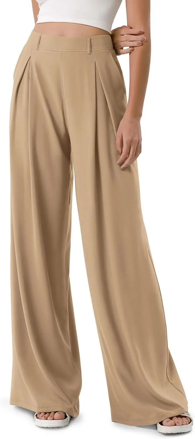 ODODOS Chiffon Flowy Pleated Wide Leg Pants for Women Lightweight High Waist Trouser with Pockets-27/29" /31" Inseam