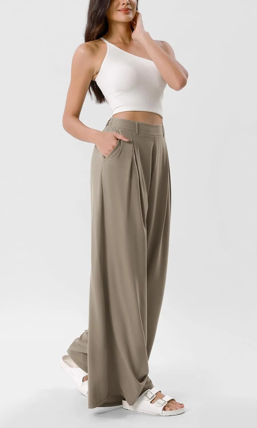 ODODOS Chiffon Flowy Pleated Wide Leg Pants for Women Lightweight High Waist Trouser with Pockets-27/29" /31" Inseam