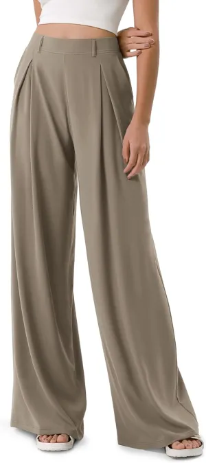 ODODOS Chiffon Flowy Pleated Wide Leg Pants for Women Lightweight High Waist Trouser with Pockets-27/29" /31" Inseam