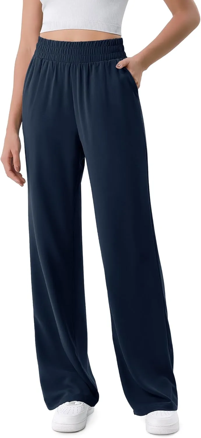 ODODOS Chiffon Flowy Wide Leg Pants for Women Lightweight High Waist Pull-On Pants with Pockets- 27" / 29" /31" Inseam