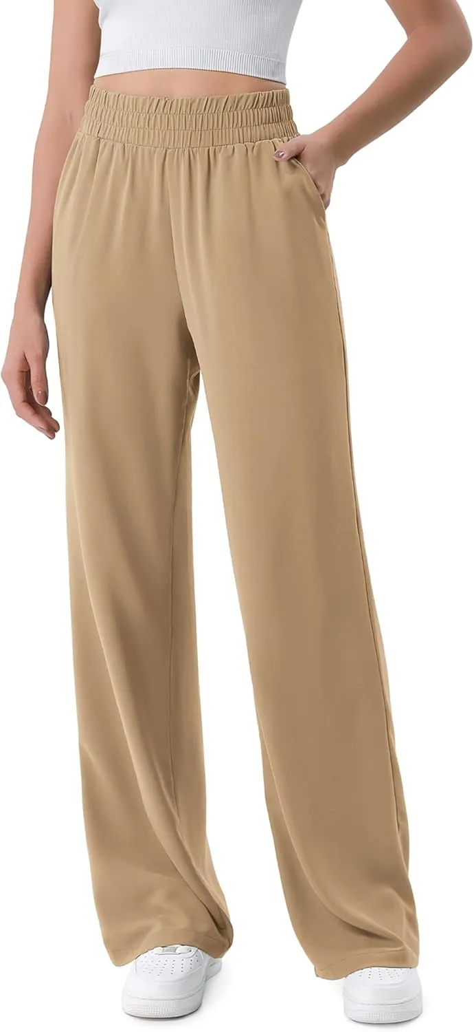 ODODOS Chiffon Flowy Wide Leg Pants for Women Lightweight High Waist Pull-On Pants with Pockets- 27" / 29" /31" Inseam