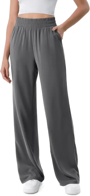 ODODOS Chiffon Flowy Wide Leg Pants for Women Lightweight High Waist Pull-On Pants with Pockets- 27" / 29" /31" Inseam