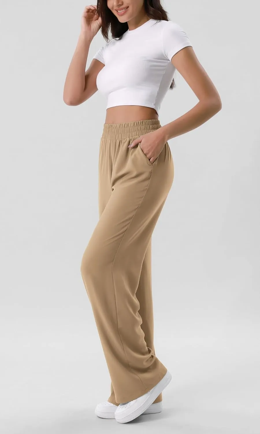 ODODOS Chiffon Flowy Wide Leg Pants for Women Lightweight High Waist Pull-On Pants with Pockets- 27" / 29" /31" Inseam