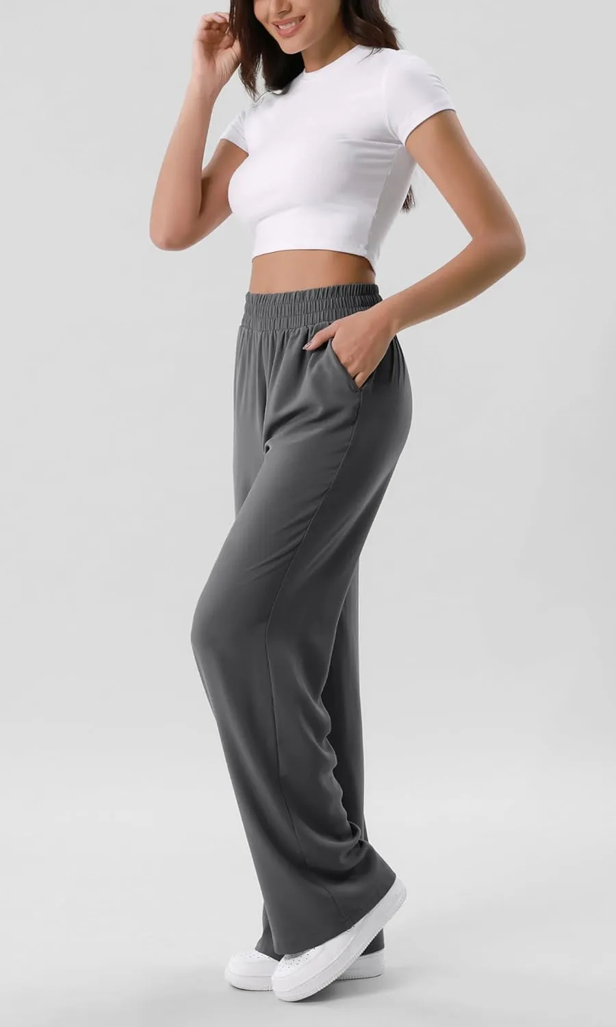 ODODOS Chiffon Flowy Wide Leg Pants for Women Lightweight High Waist Pull-On Pants with Pockets- 27" / 29" /31" Inseam