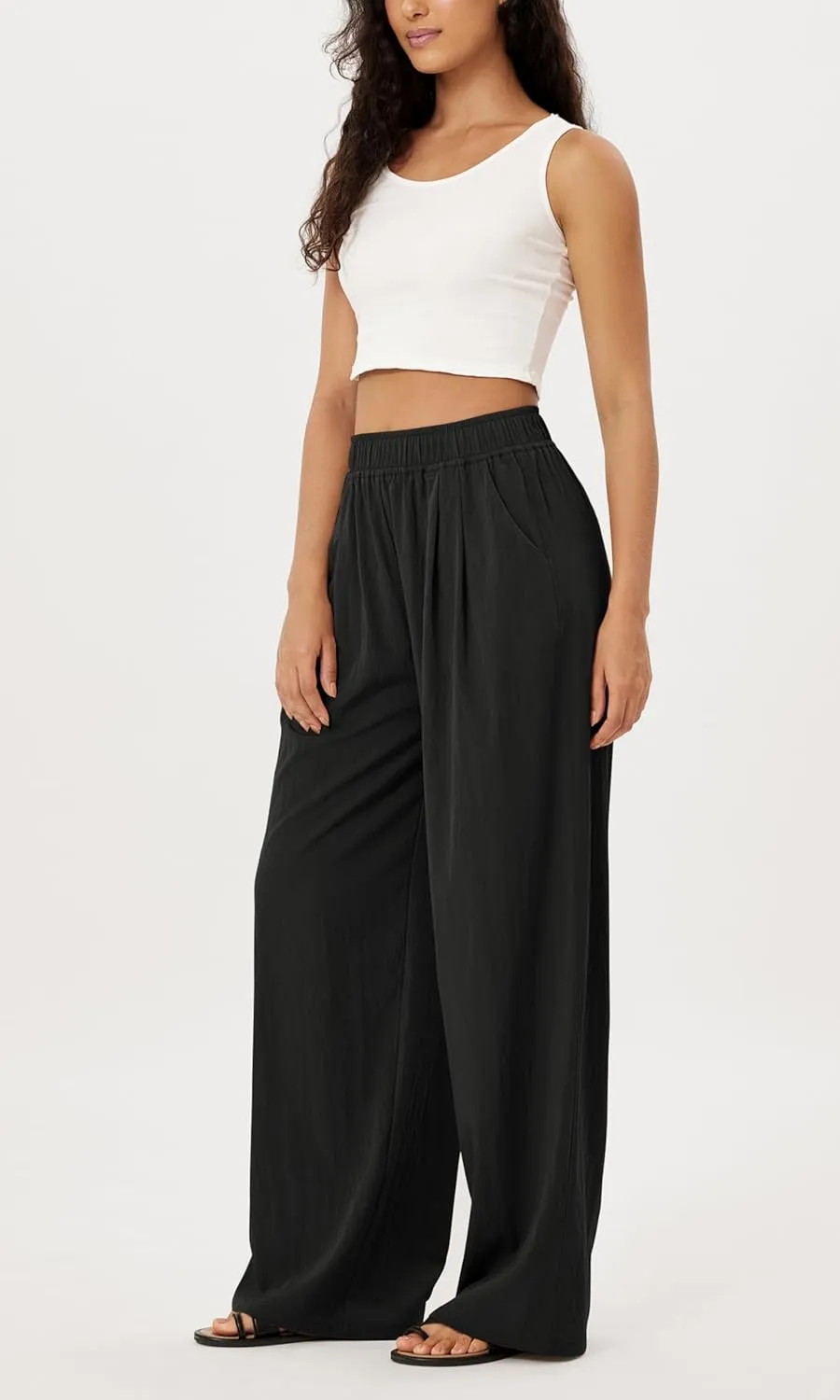 ODODOS Women's Wide Leg Pants with Pockets Crinkle Comfy High Waist Pull-On Lounge Casual Pants