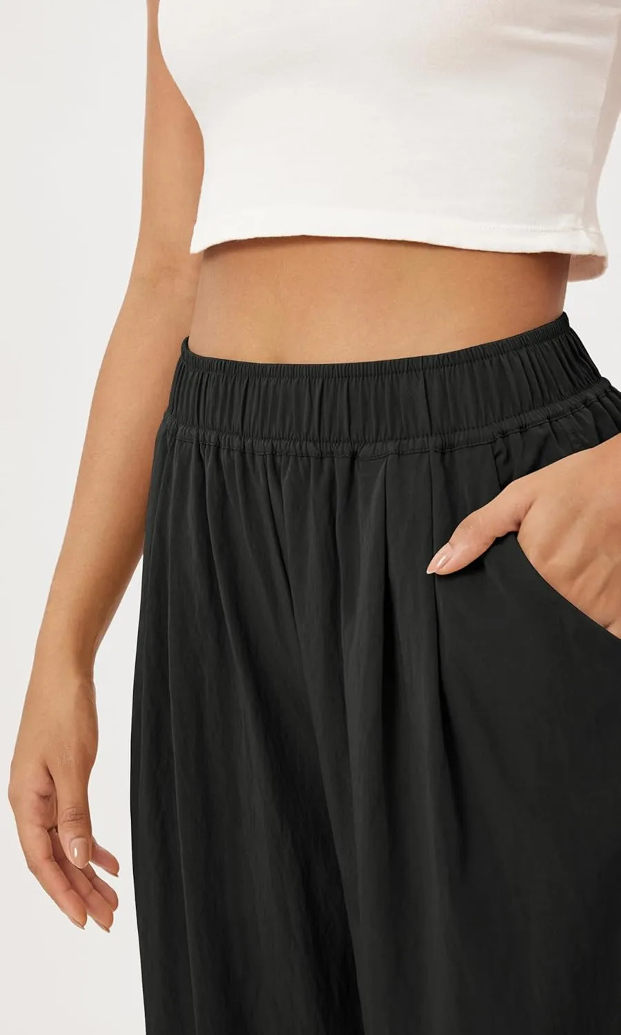 ODODOS Women's Wide Leg Pants with Pockets Crinkle Comfy High Waist Pull-On Lounge Casual Pants