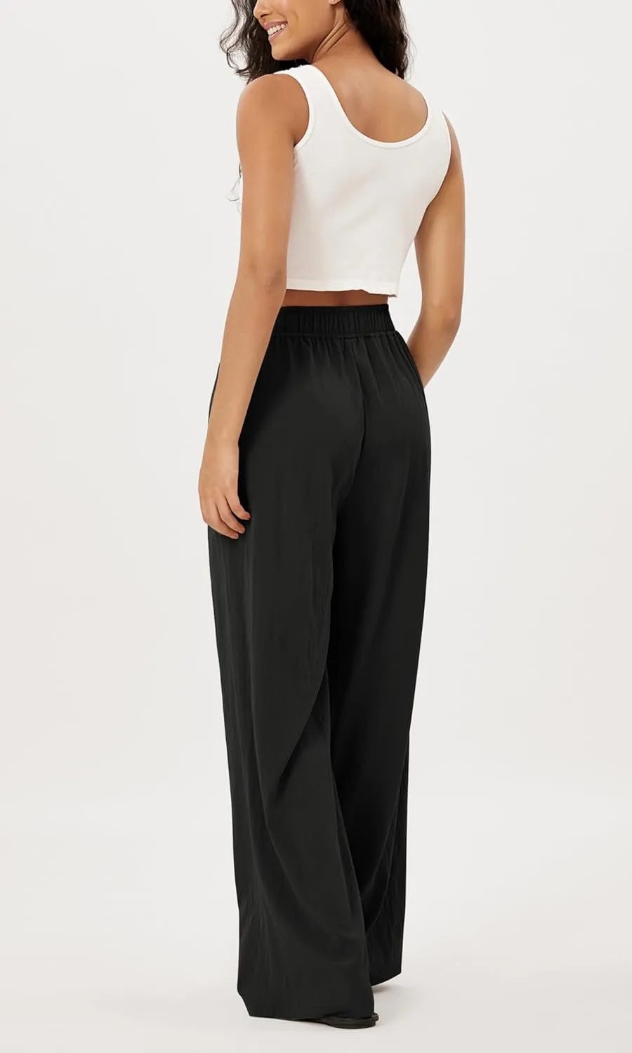ODODOS Women's Wide Leg Pants with Pockets Crinkle Comfy High Waist Pull-On Lounge Casual Pants