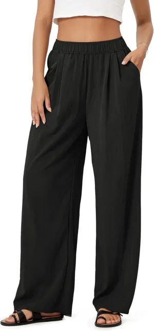 ODODOS Women's Wide Leg Pants with Pockets Crinkle Comfy High Waist Pull-On Lounge Casual Pants