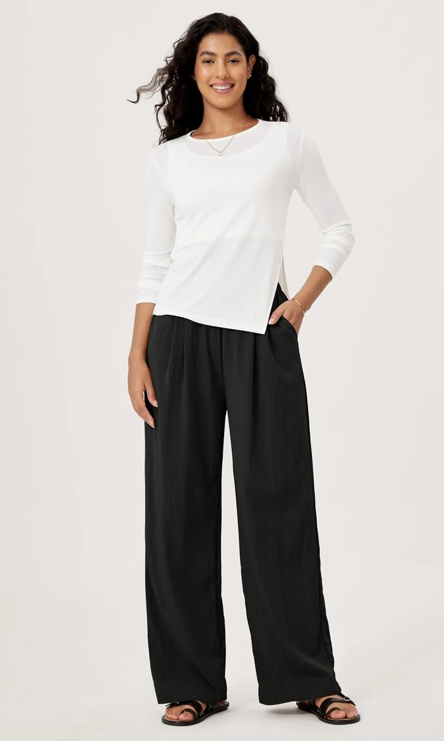 ODODOS Women's Wide Leg Pants with Pockets Crinkle Comfy High Waist Pull-On Lounge Casual Pants