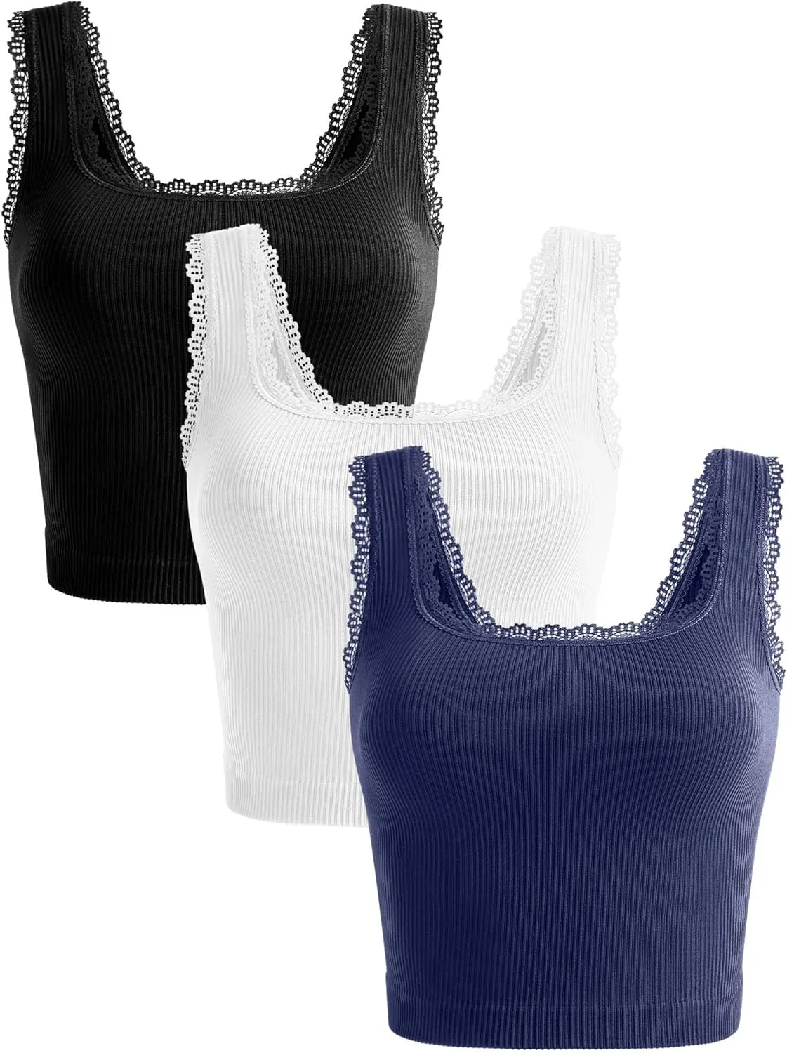 OLCHEE Womens 3 Pack Crop Tank Tops Basic Seamless Ribbed Sleeveless Square Neck Workout Top Summer Exercise Yoga Gym Shirts