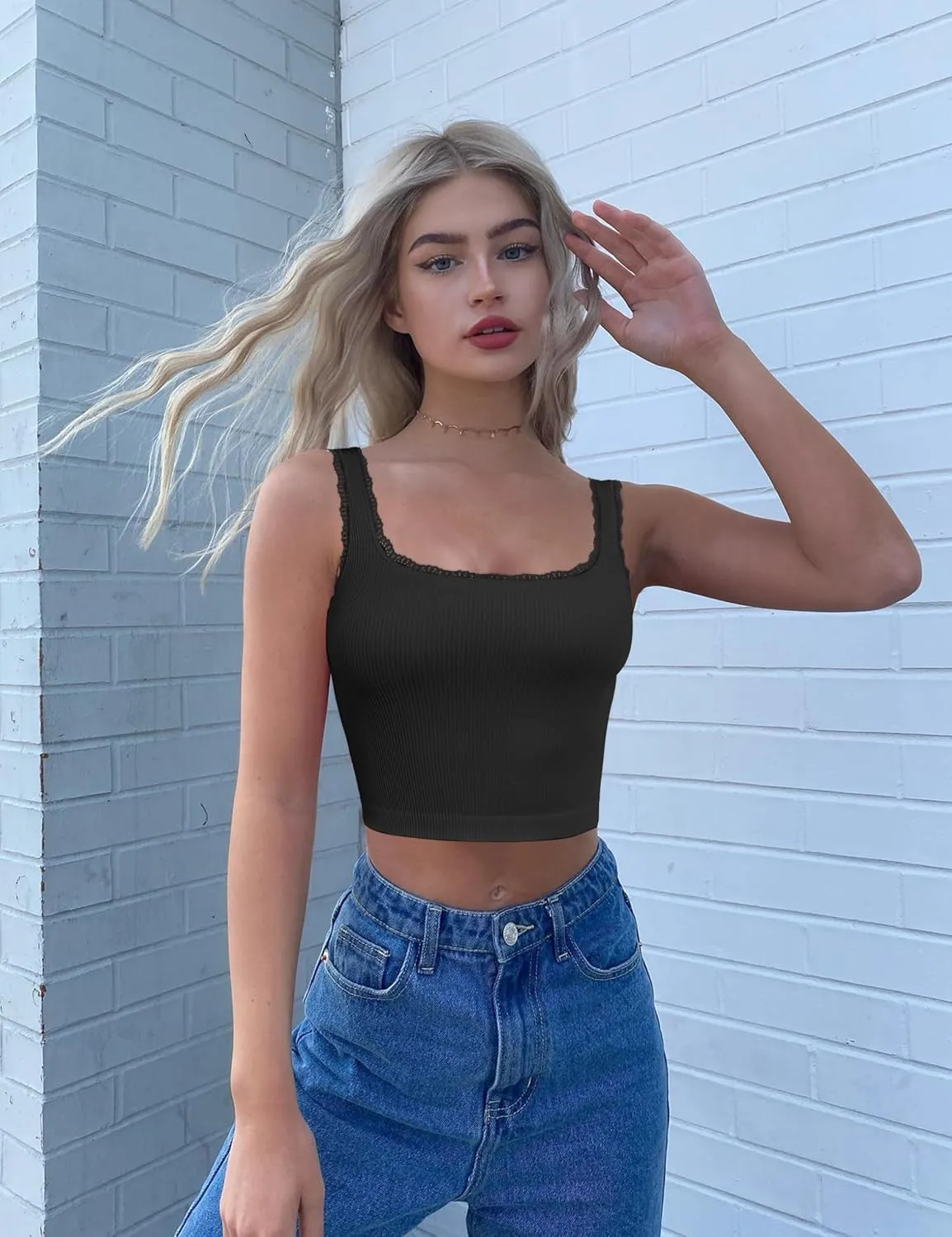 OLCHEE Womens 3 Pack Crop Tank Tops Basic Seamless Ribbed Sleeveless Square Neck Workout Top Summer Exercise Yoga Gym Shirts