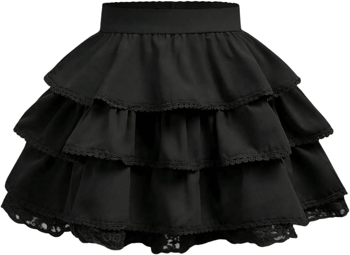 OYOANGLE Girl's Lace Trim Tiered Layered Ruffle Hem Skirt High Elastic Waist Flared Short Skirts