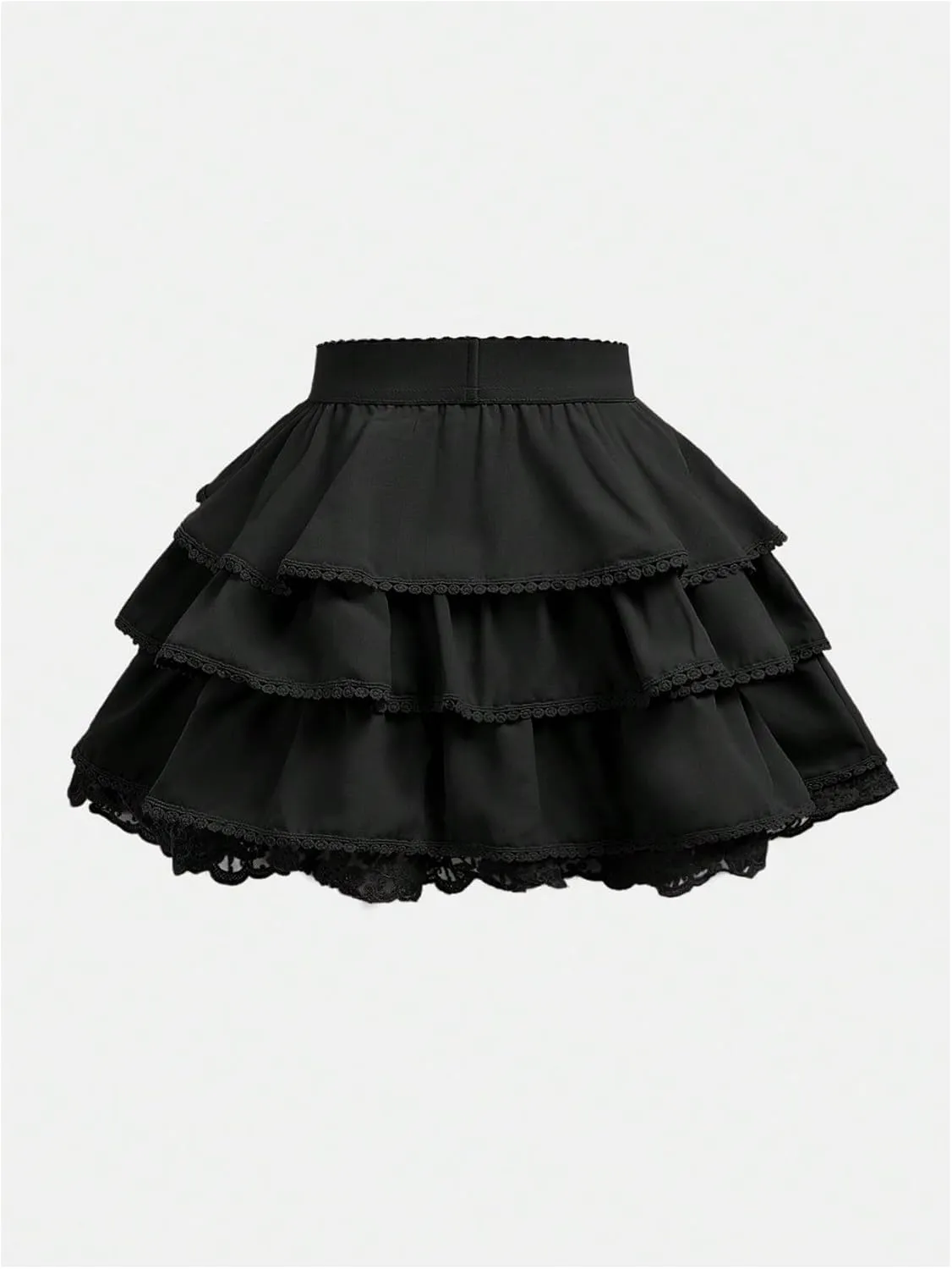 OYOANGLE Girl's Lace Trim Tiered Layered Ruffle Hem Skirt High Elastic Waist Flared Short Skirts