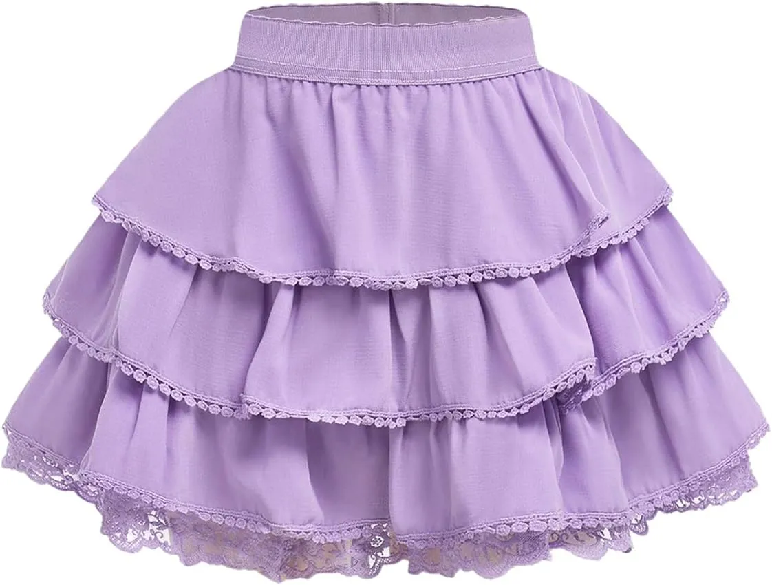 OYOANGLE Girl's Lace Trim Tiered Layered Ruffle Hem Skirt High Elastic Waist Flared Short Skirts