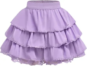 OYOANGLE Girl's Lace Trim Tiered Layered Ruffle Hem Skirt High Elastic Waist Flared Short Skirts