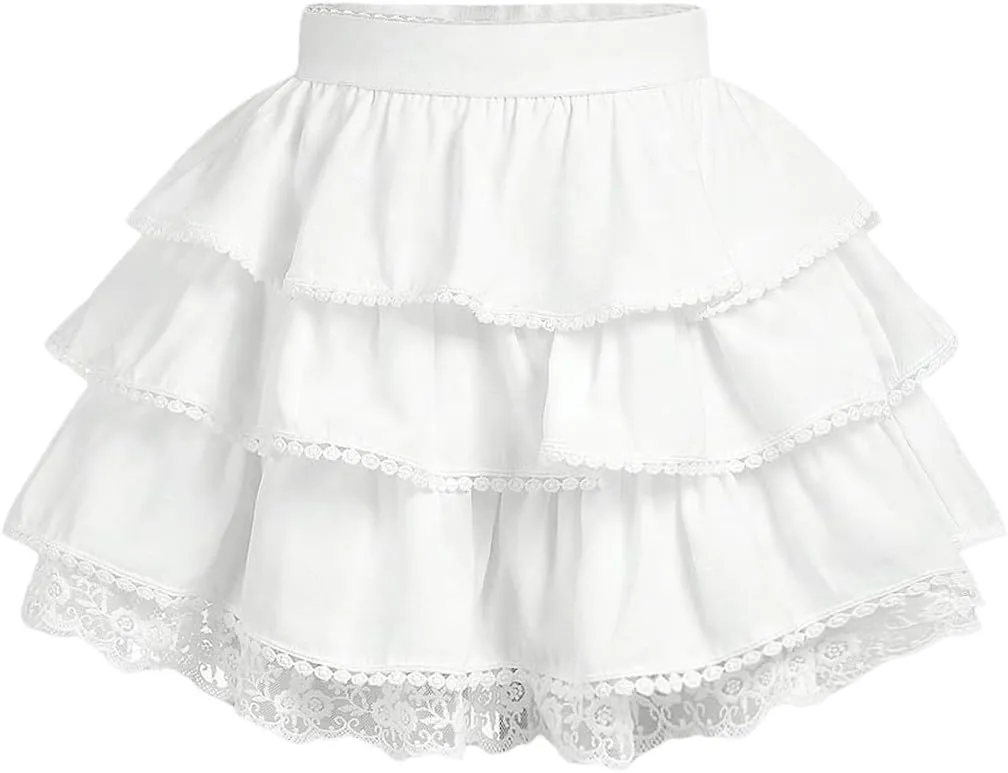 OYOANGLE Girl's Lace Trim Tiered Layered Ruffle Hem Skirt High Elastic Waist Flared Short Skirts
