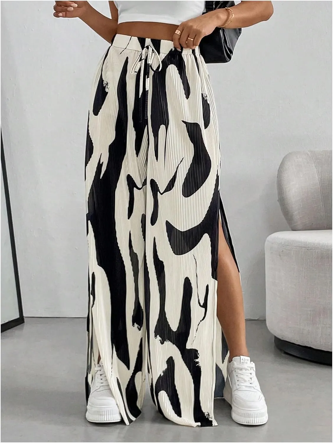 OYOANGLE Women's All Over Print High Split Pleated Long Pants Elastic High Waist Wide Leg Casual Trousers