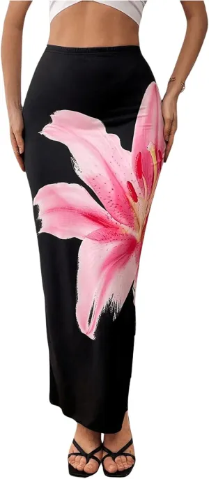 OYOANGLE Women's Floral Print Pencil Skirt Elastic High Waist Vacation Bodycon Maxi Skirts