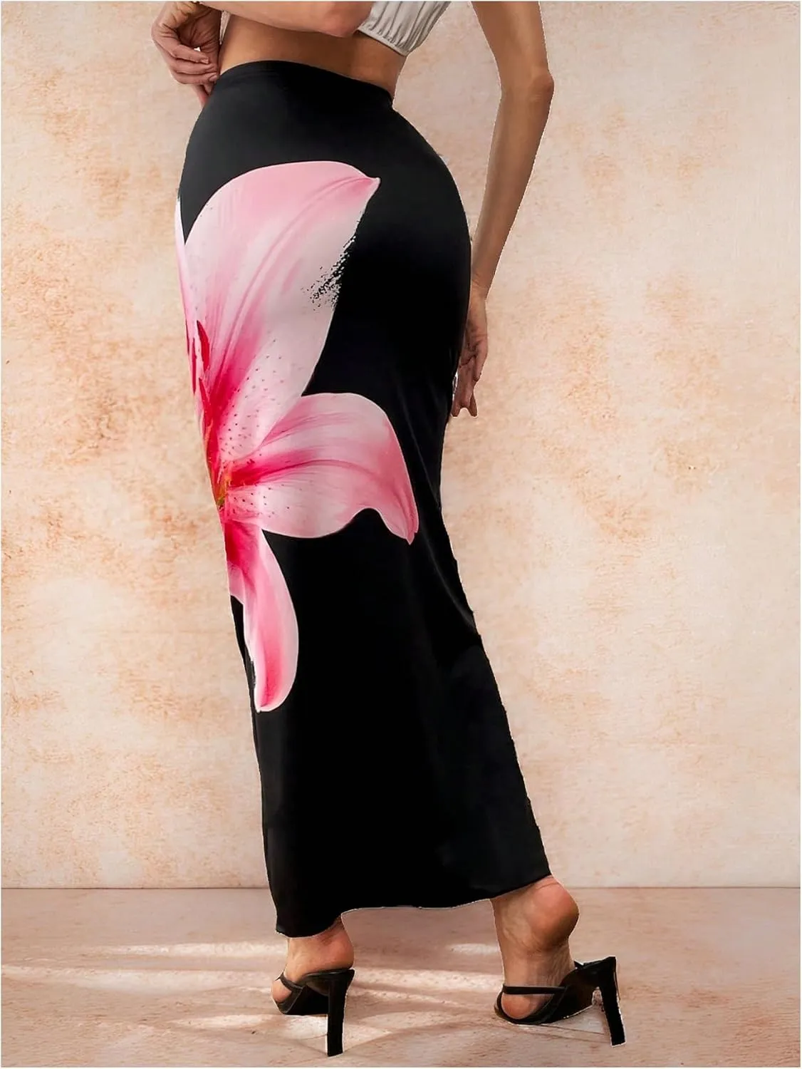 OYOANGLE Women's Floral Print Pencil Skirt Elastic High Waist Vacation Bodycon Maxi Skirts