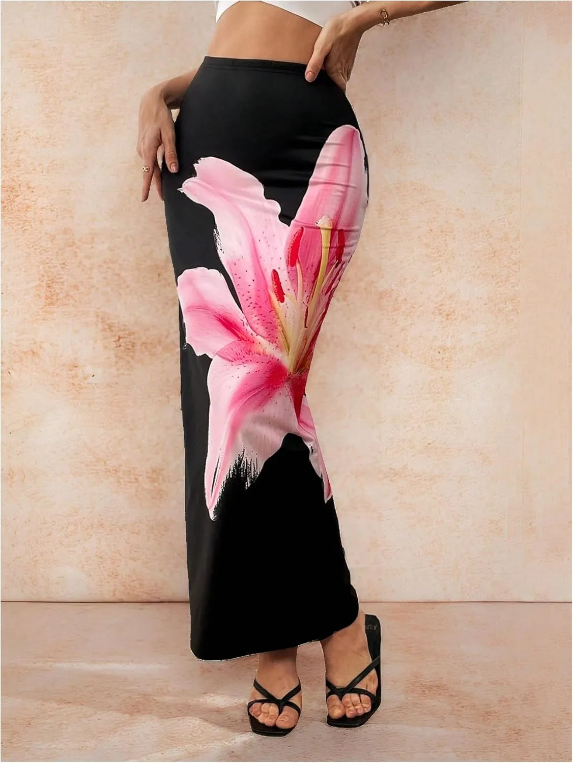 OYOANGLE Women's Floral Print Pencil Skirt Elastic High Waist Vacation Bodycon Maxi Skirts