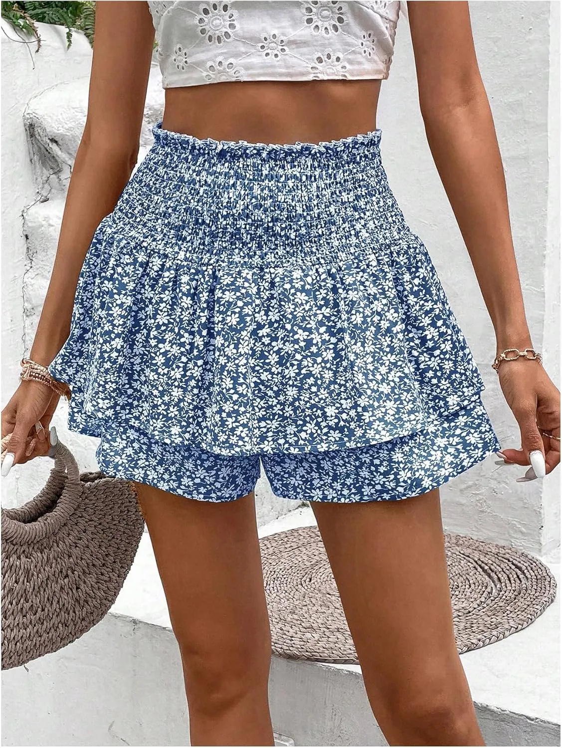 OYOANGLE Women's Floral Print Shirred Skorts Elastic High Waist Ruffle Hem Pleated A Line Boho Short Skirts