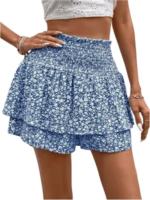 OYOANGLE Women's Floral Print Shirred Skorts Elastic High Waist Ruffle Hem Pleated A Line Boho Short Skirts