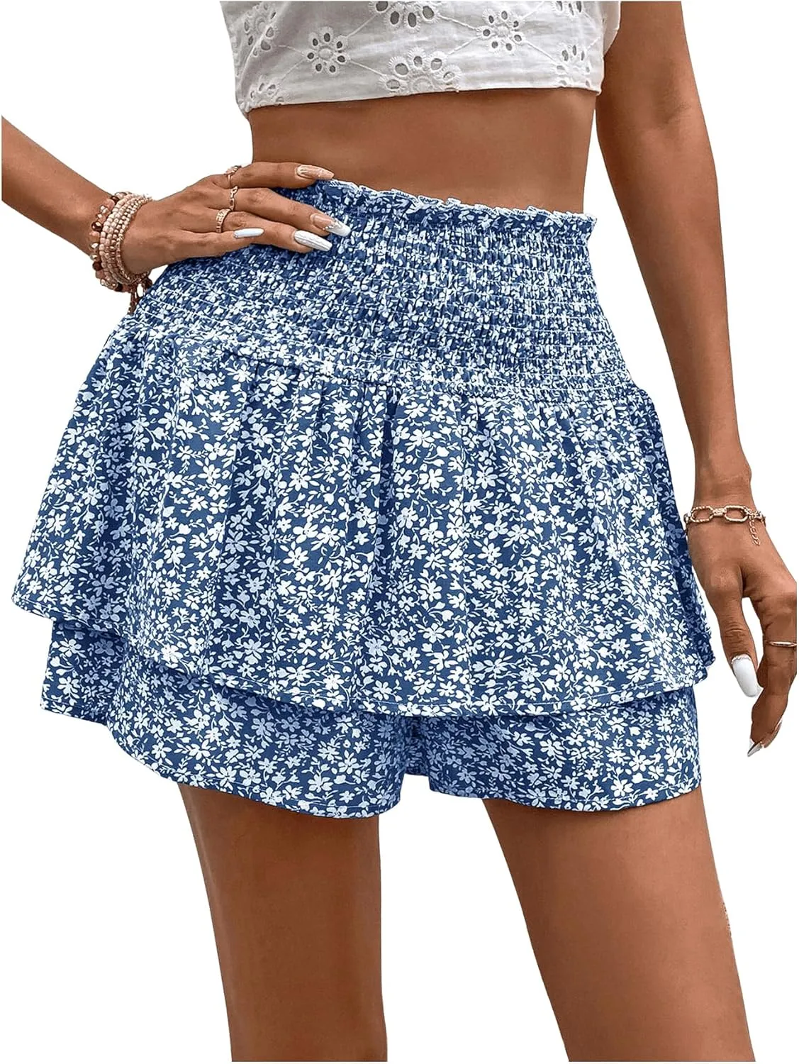 OYOANGLE Women's Floral Print Shirred Skorts Elastic High Waist Ruffle Hem Pleated A Line Boho Short Skirts