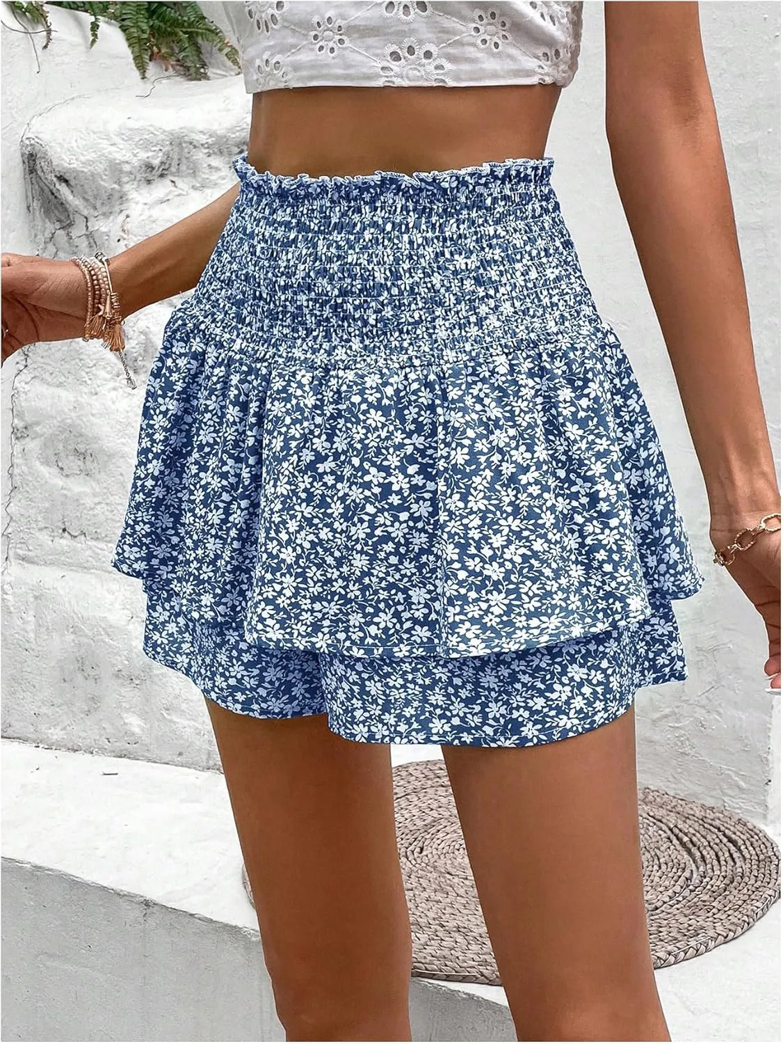 OYOANGLE Women's Floral Print Shirred Skorts Elastic High Waist Ruffle Hem Pleated A Line Boho Short Skirts