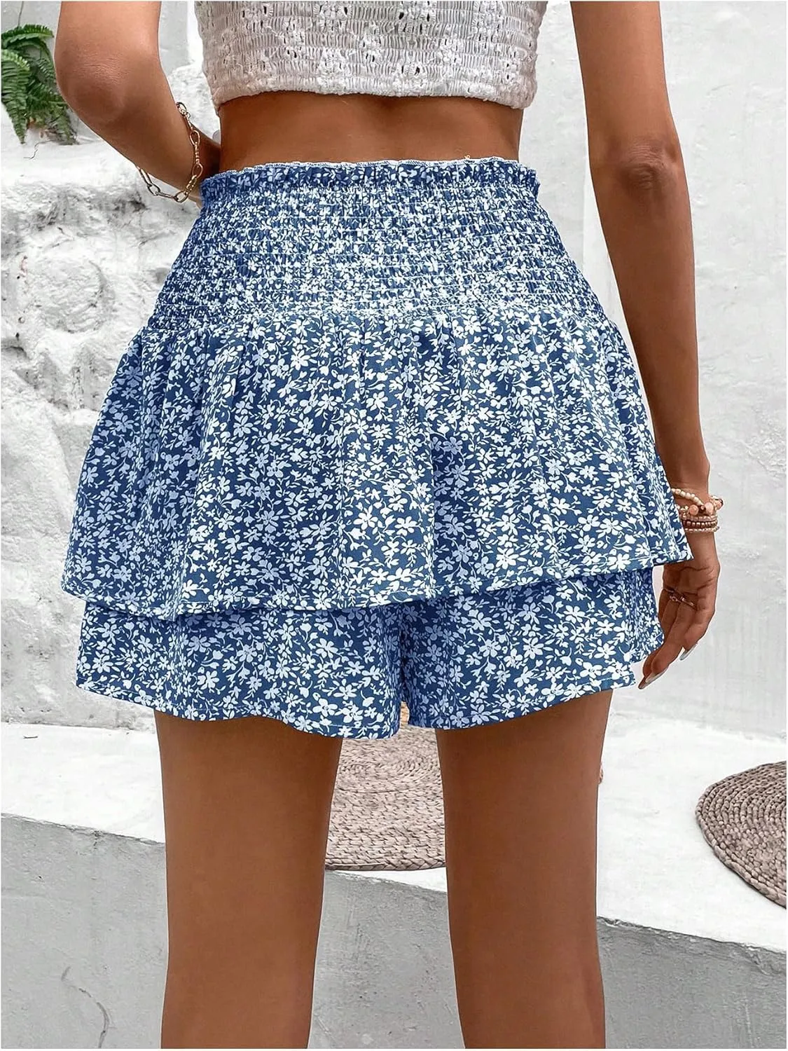 OYOANGLE Women's Floral Print Shirred Skorts Elastic High Waist Ruffle Hem Pleated A Line Boho Short Skirts