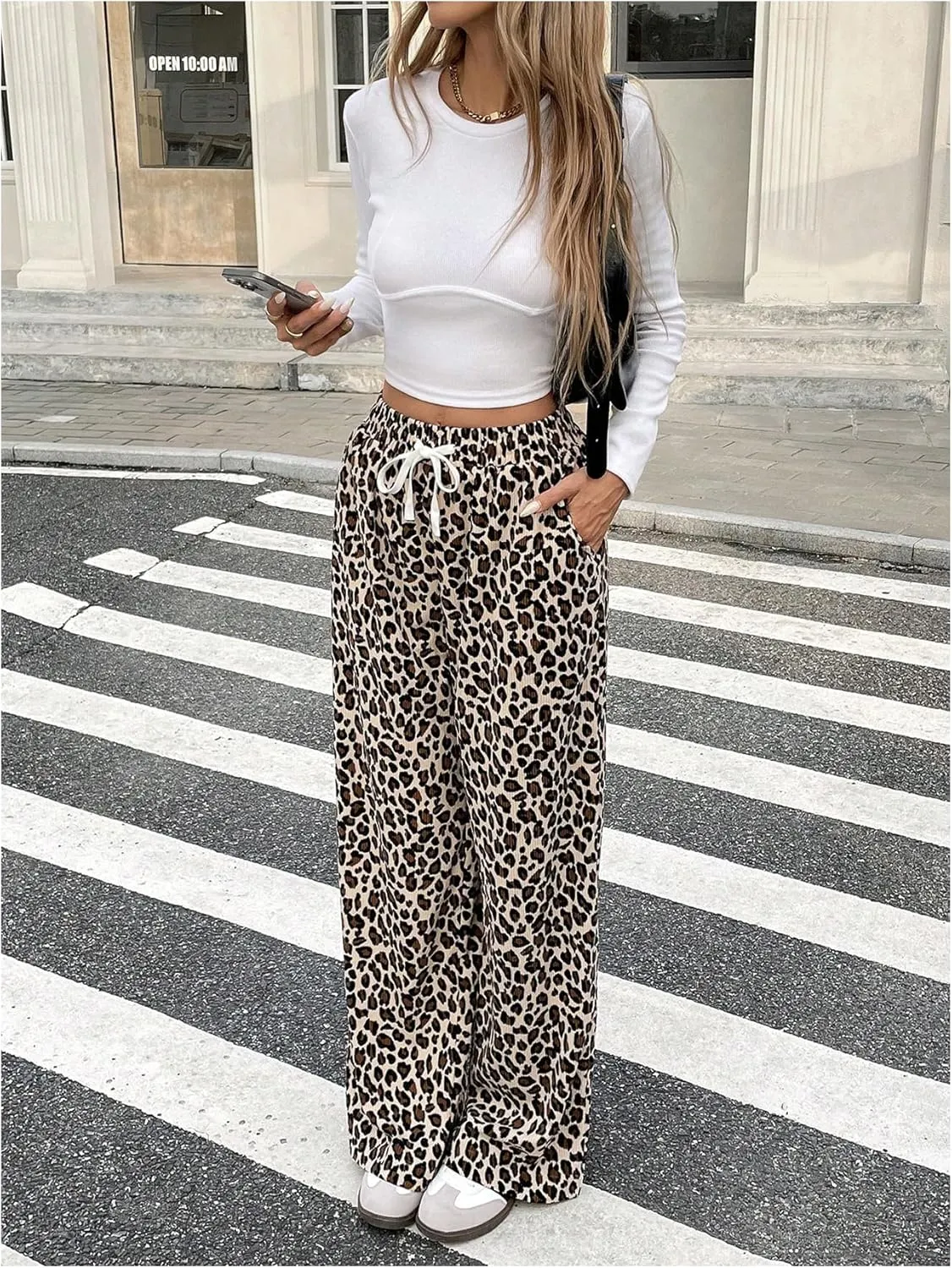 OYOANGLE Women's Leopard Print Elastic Drawstring Pants Wide Leg High Rise Trousers