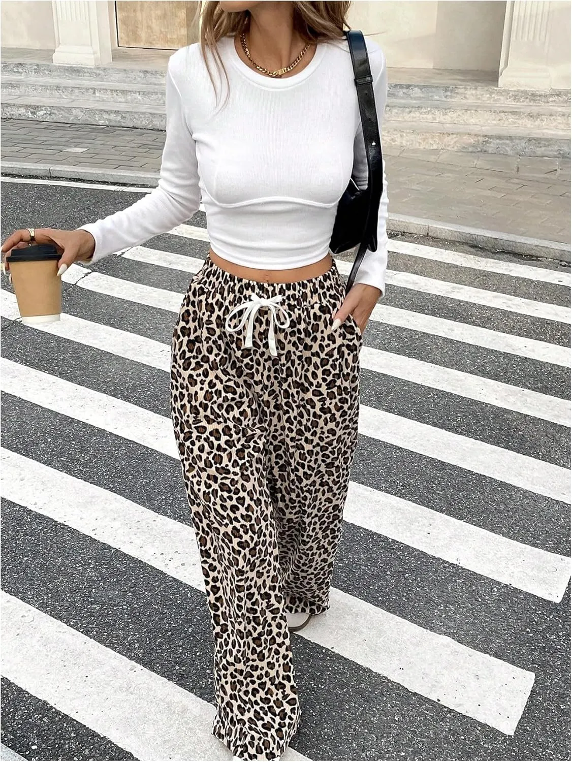 OYOANGLE Women's Leopard Print Elastic Drawstring Pants Wide Leg High Rise Trousers