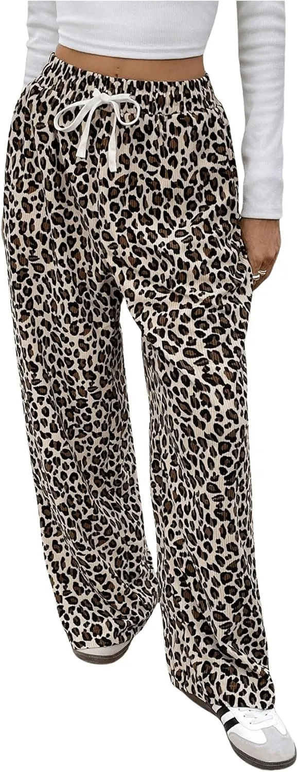 OYOANGLE Women's Leopard Print Elastic Drawstring Pants Wide Leg High Rise Trousers