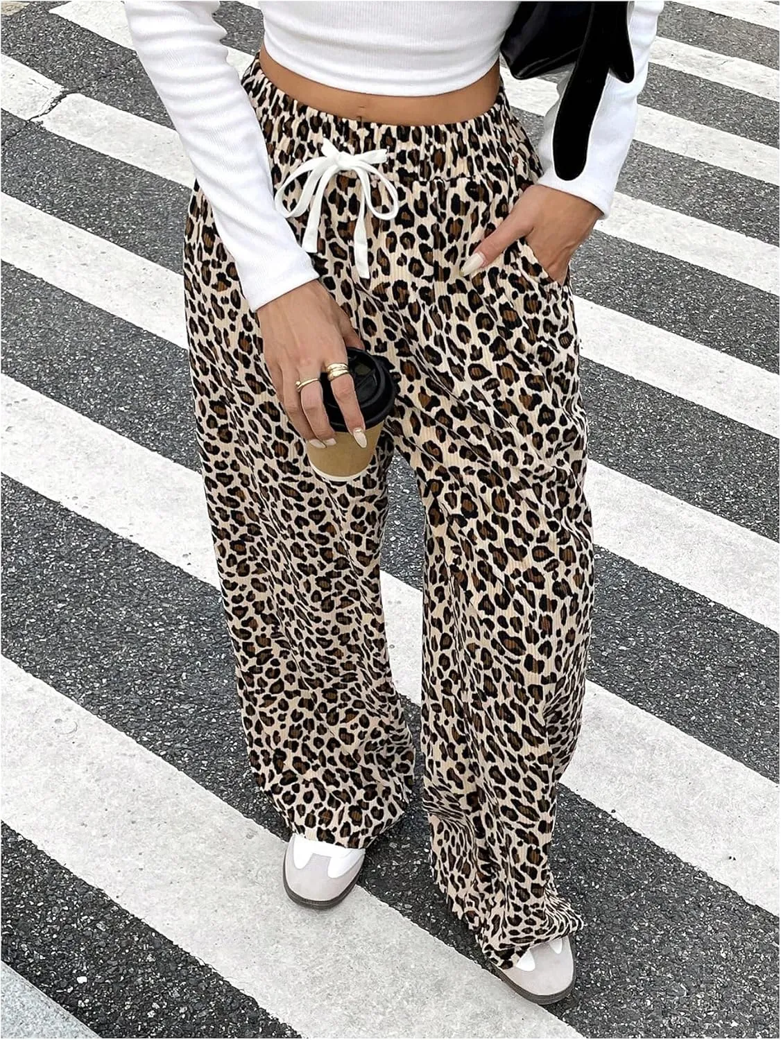 OYOANGLE Women's Leopard Print Elastic Drawstring Pants Wide Leg High Rise Trousers