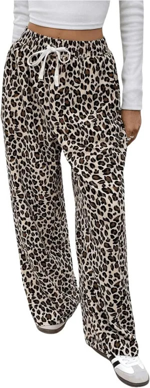 OYOANGLE Women's Leopard Print Elastic Drawstring Pants Wide Leg High Rise Trousers