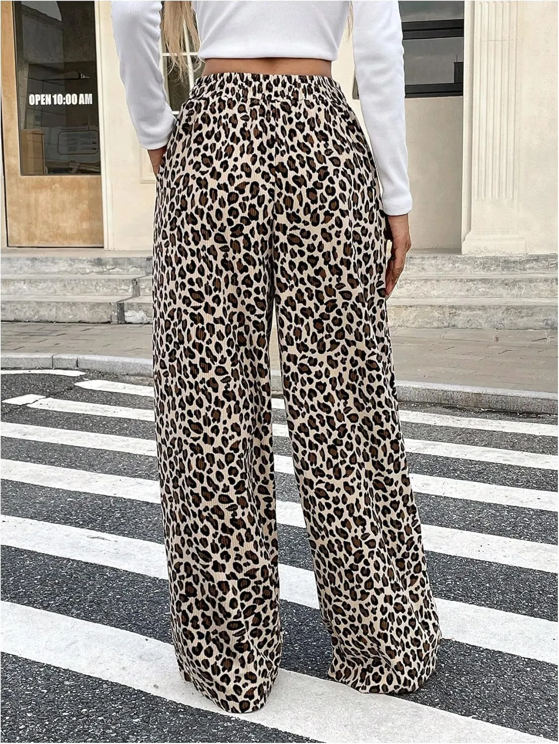 OYOANGLE Women's Leopard Print Elastic Drawstring Pants Wide Leg High Rise Trousers
