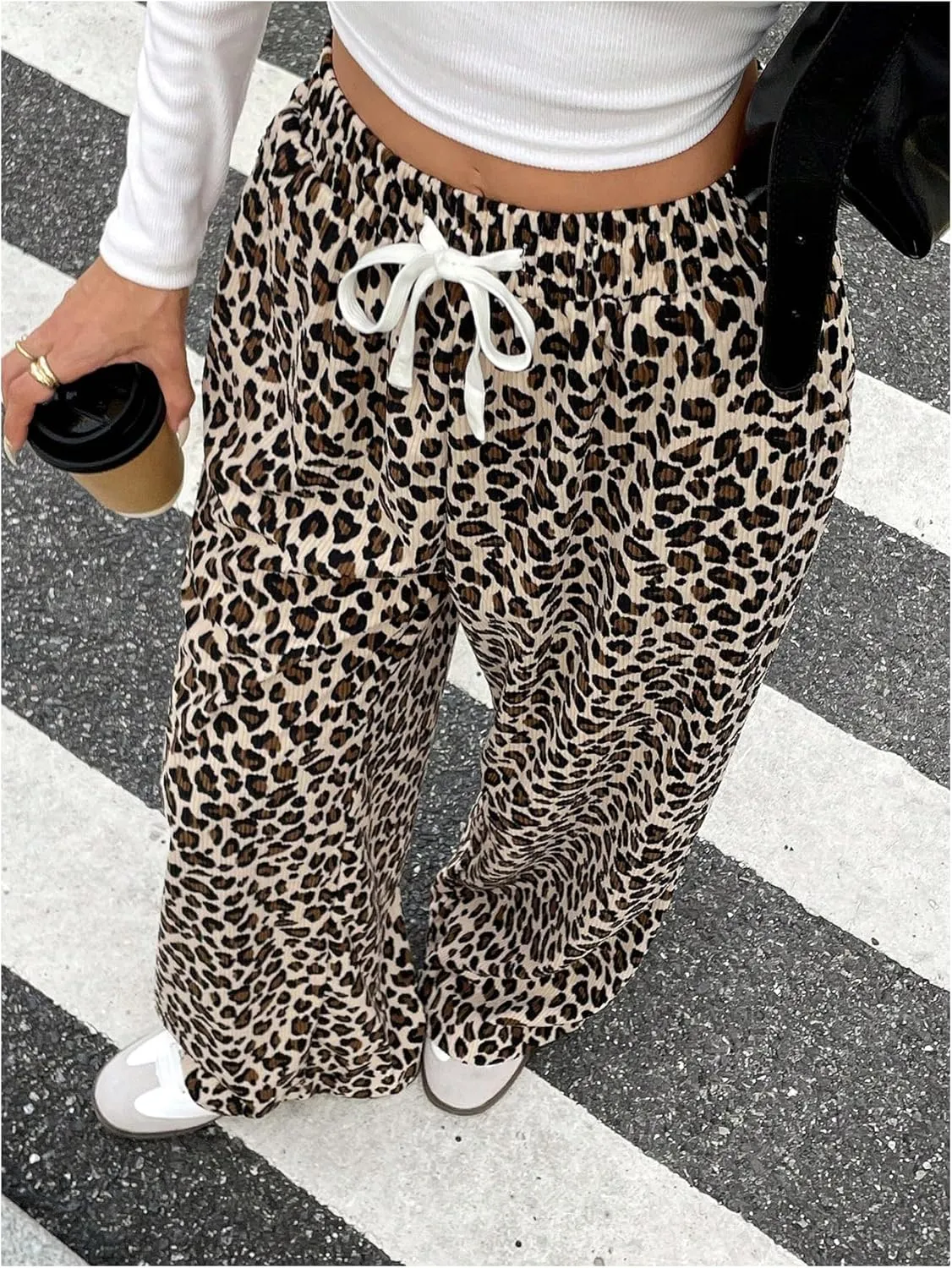 OYOANGLE Women's Leopard Print Elastic Drawstring Pants Wide Leg High Rise Trousers