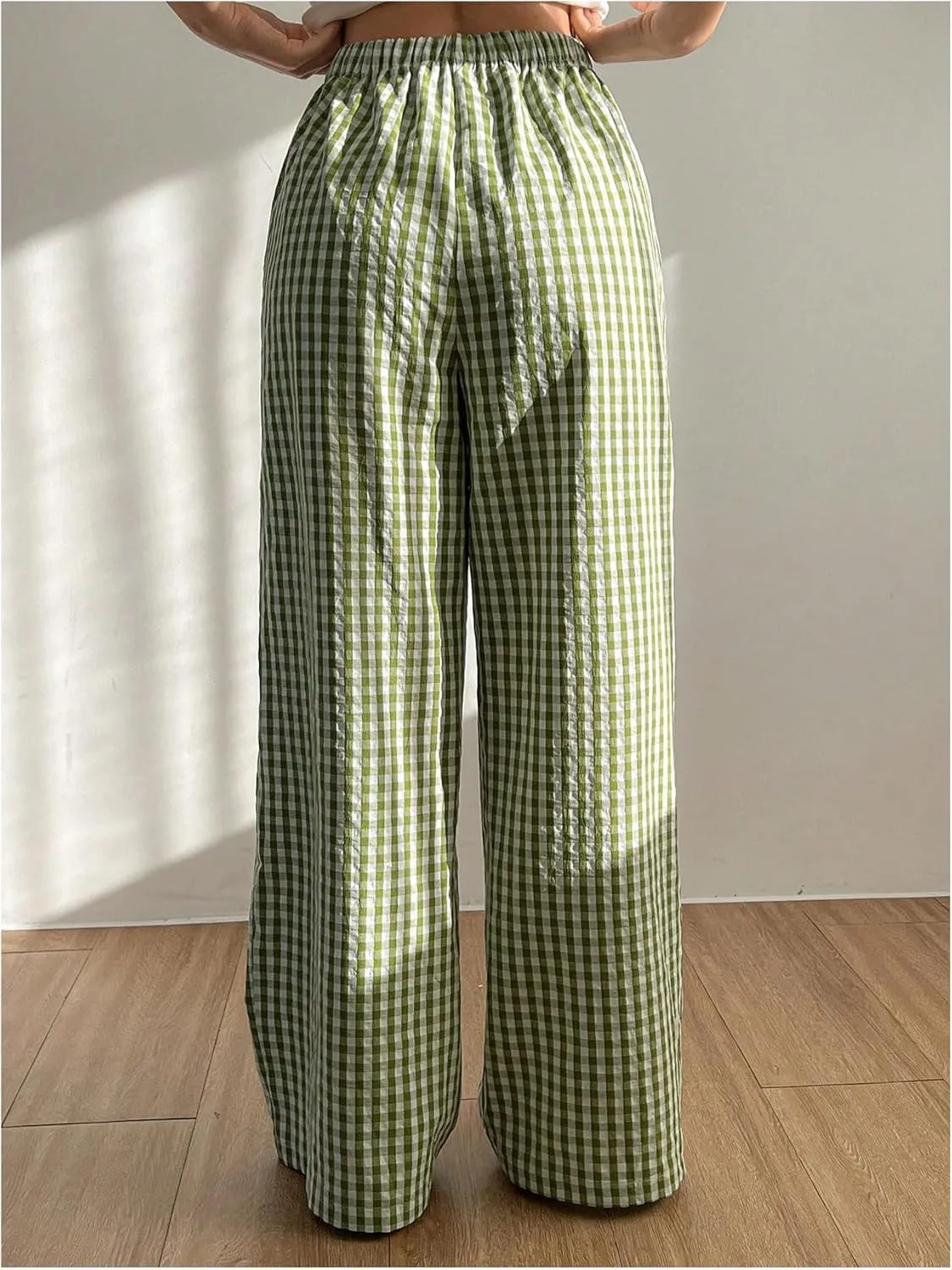 OYOANGLE Women's Plaid Print Linen Long Pants Elastic High Waisted Wide Leg Y2K Loose Casual Trousers