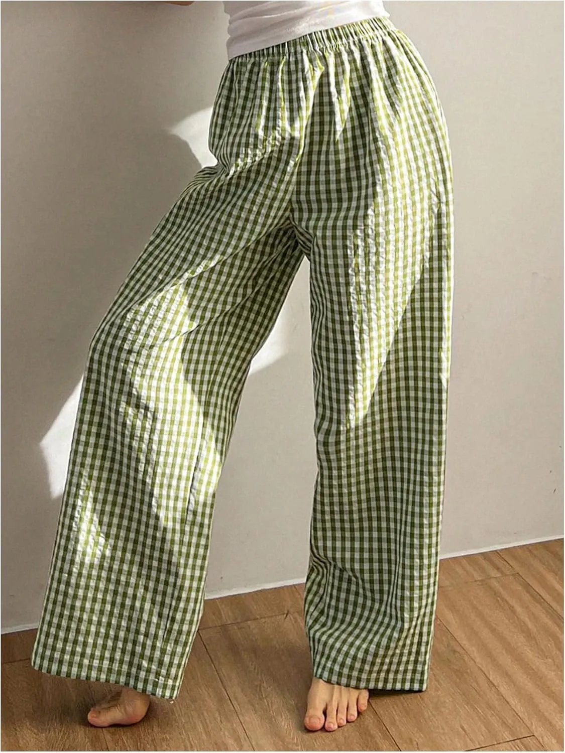 OYOANGLE Women's Plaid Print Linen Long Pants Elastic High Waisted Wide Leg Y2K Loose Casual Trousers